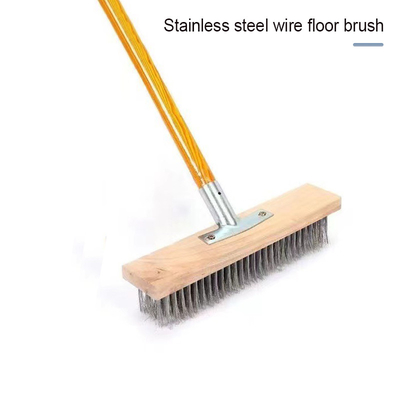 Escova de limpeza de pátio externo de aço inoxidável, escova de limpeza de piso, escova de limpeza com alça de madeira