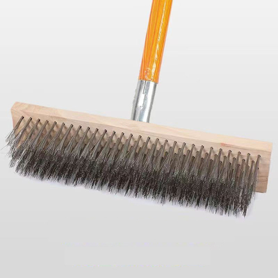 Escova de limpeza de pátio externo de aço inoxidável, escova de limpeza de piso, escova de limpeza com alça de madeira