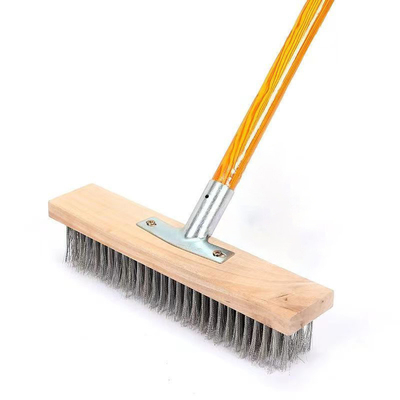 Escova de limpeza de pátio externo de aço inoxidável, escova de limpeza de piso, escova de limpeza com alça de madeira